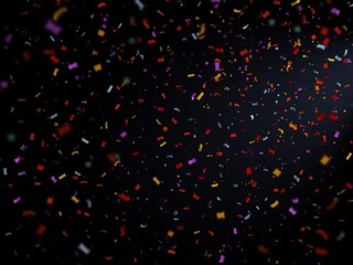 Dark background with scattered colorful Halloween confetti falling in the air, spooky atmosphere, seasonal decor