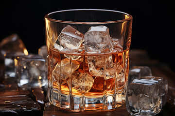 ice in a glass on a dark background, 