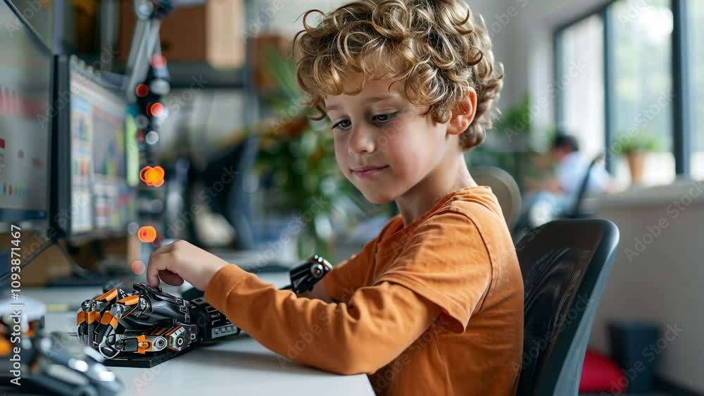 Aufkleber In a spacious and well-lit classroom, a young boy focuses intently on assembling a robotic arm, showcasing his creativity and interest in robotics during a hands-on workshop.