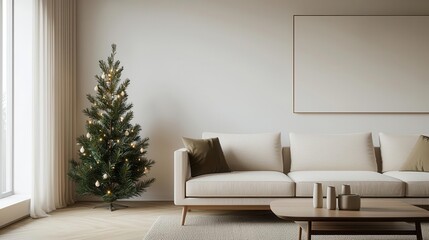 A Scandinavianinspired living room with a minimalist Christmas tree, neutral tones, and soft fairy lights