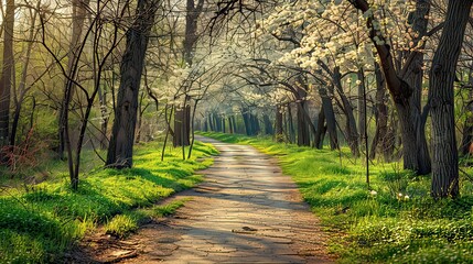 Fototapeta premium A winding country path lined with blossoming trees and new green leaves, inviting a leisurely stroll.