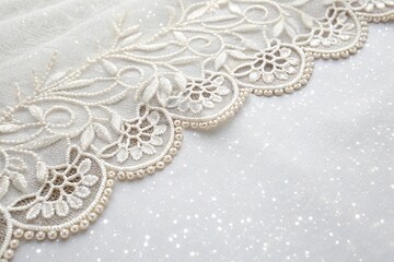 Obraz premium Delicate lace overlay on a white background with subtle shimmer, intricate, background, overlay, lace