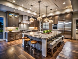 Elegant Low Light Kitchen in a New Luxury Home Featuring an Island, Stainless Steel Appliances, Double Oven, Range, and Stylish Pendant Lights for Modern Living