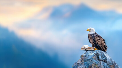 Fototapeta premium majestic eagle perched on mountain peak with open book, surrounded by serene and misty landscape. scene evokes sense of wisdom and tranquility