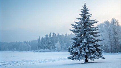 Obraz premium Dense snow-covered pine tree stands alone in the frozen forest landscape its branches etched against a pale blue sky, isolated tree, icy forest, forest scene