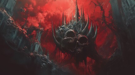 Obraz premium Dark, ominous castle structure amidst a fiery red sky