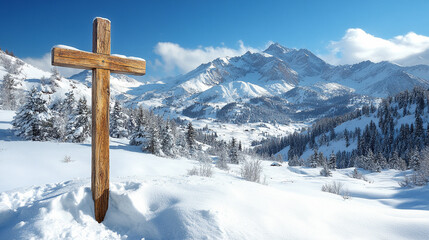wooden cross stands tall against a blurred snow-covered background symbolizing faith solitude and resilience amidst harsh conditions the simplicity of the scene evokes contemplation and peace