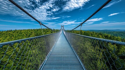Suspension bridge extending over lush green forest under a vibrant blue sky.