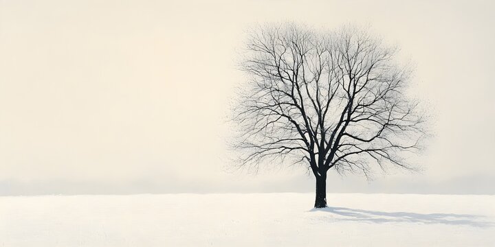 Solitary tree in a snow-covered field on a misty winter day. The stark branches against the pale sky create a serene, minimalist scene.