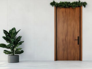 Concrete modern home with a large wooden door and a minimal garland draped along the entryway