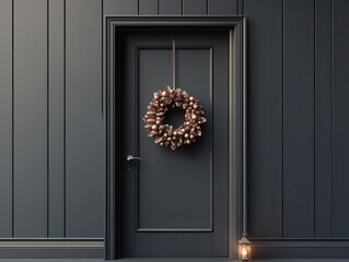 Minimalist bungalow with a neutraltoned wreath and a single glowing lantern