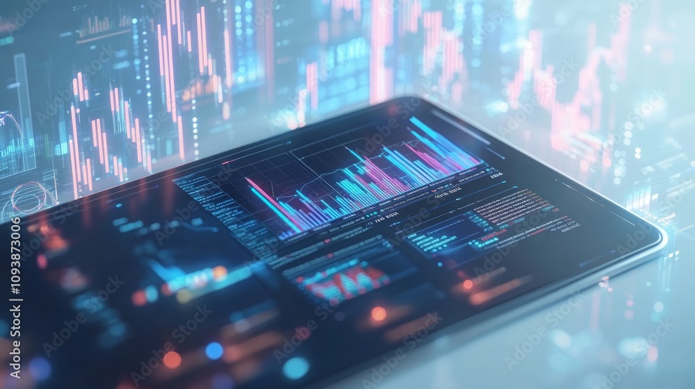 Poster tablet displaying financial data charts and graphs. (1)