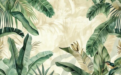 Tropical foliage background with lush green leaves and subtle textures Ideal for nature themed designs and botanical illustrations, creating a vibrant atmosphere