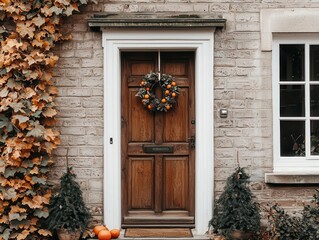 Neutraltoned house exterior with subtle garlands framing the windows and a wreath with dried oranges