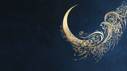 Islamic New Year greeting card with a golden calligraphy design, intricate arabesque patterns, and a serene dark blue background with a shining crescent moon"