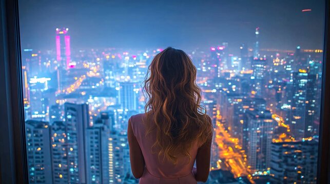 Fototapeta A woman on a floor of a building, inside a bedroom, the wall in front is completely made of glass, in the window you can see a New York style night city, 
