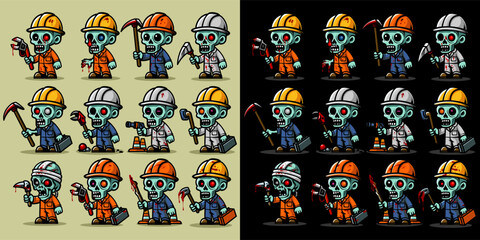 Big set of illustration of zombie construction worker. Horror and spooky element. Halloween element design. Isolated on clear background. Vector Eps 10.