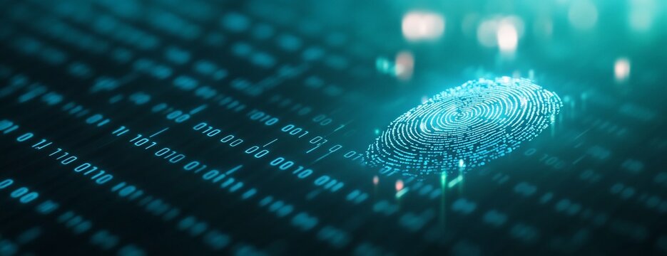 Digital fingerprint overlaid on binary code, symbolizing security.