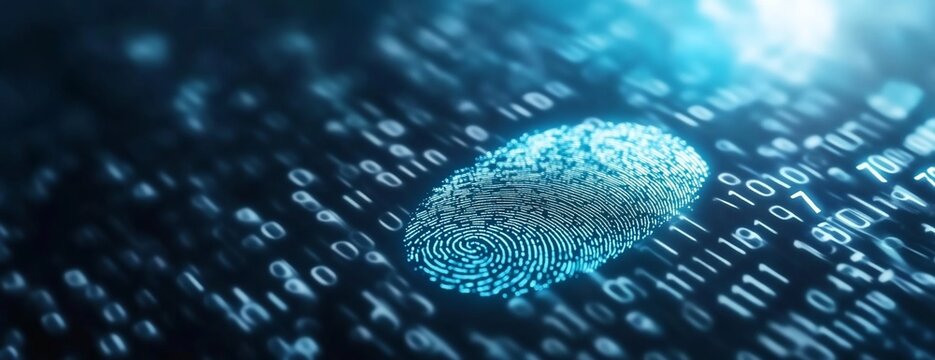 Digital fingerprint overlaid on binary code, symbolizing security. - Powered by Adobe