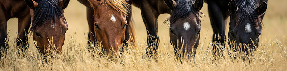 Way of the West: Four horses graze peacefully in a field, their muscular forms and flowing manes reflecting their wild spirit.
