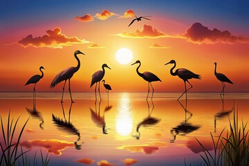 Naklejka premium Elegant Silhouettes of Wading Birds: Storks and Flamingos in a Serene Landscape Emphasizing the Rule of Thirds for Nature Lovers and Wildlife Enthusiasts