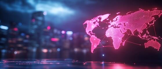 Digital world map with network connections and city backdrop.