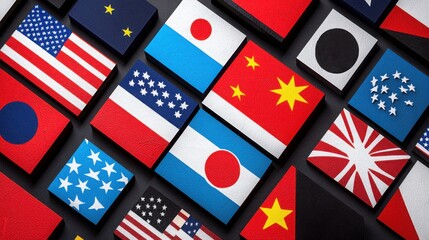 Fototapeta premium A collage of international flags, featuring prominent nations, showcasing cultural diversity and global connections.
