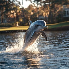 A dolphin leaps joyfully out of the water, creating a splash in a serene natural setting.