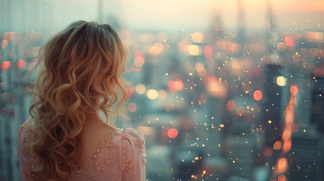 Fototapeta A woman on a floor of a building, inside a bedroom, the wall in front is completely made of glass, in the window you can see a New York style night city, 