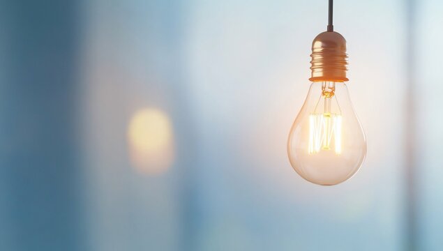 A glowing light bulb hanging against a blurred background.