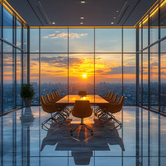 empty corporate office meeting room modern conference room with urban city view at sunset...