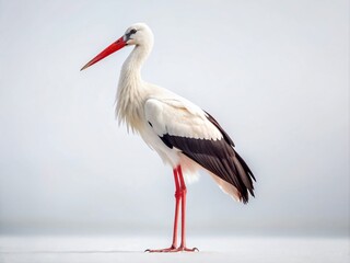 Fototapeta premium Elegant White Stork Standing Isolated on a Pure White Background for Architectural Photography and Design Projects Showcasing Nature and Wildlife Aesthetics