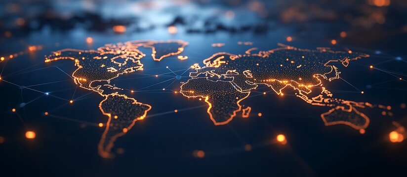 A digital world map illuminated by network connections.