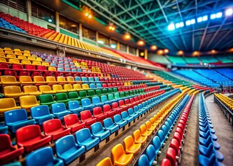 Obraz premium Empty Arena with Plastic Seats Captured in Tilt-Shift Photography Showcasing the Unique Perspective of Sports Venues and Their Seating Arrangements