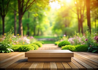 Empty Wooden Podium for Display or Product Showcase Surrounded by a Blurry Natural Scene Featuring Lush Greenery and Soft Focus Background Elements