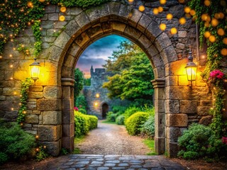 Enchanted Castle Entrance Framed by Weathered Stone Wall with Bokeh Effect, Capturing the Mystique of a Fairy Tale Landscape