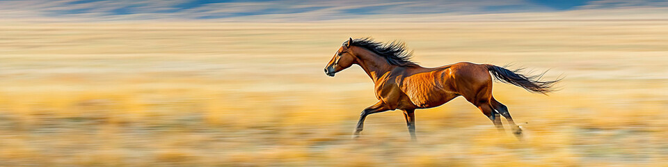 Fototapeta premium Wild Mustang: A free-spirited horse galloping across an open plain, its mane flowing in the wind.
