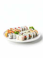 A beautifully plated sushi platter with nigiri, sashimi, and maki rolls on a minimalist white plate, placed on a bamboo mat with chopsticks and a soy sauce dish on the side.