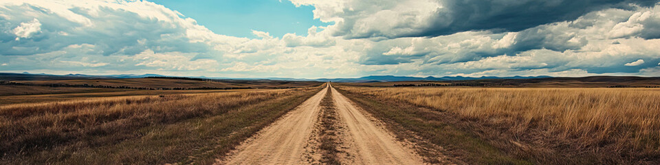 Fototapeta premium Endless Trail: A long dirt road disappearing into the distance, leading the eye to wonder where it goes.
