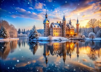 Fototapeta premium Enchanted Winter Scene: A Majestic Snowy Castle with Turrets Reflected in the Tranquil Waters of a Frozen Lake, Evoking a Fairytale Atmosphere in Serene Nature