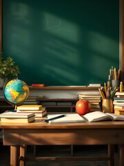 A classroom scene with books, a chalkboard, and educational tools like globes and pencils, shot in warm, inviting light.