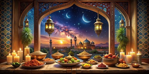 Obraz premium Enchanting Arabian Night Feast Through a Window with Exquisite Dishes, Colorful Spices, and Glimmering Lanterns Creating a Magical Atmosphere for Culinary Delights