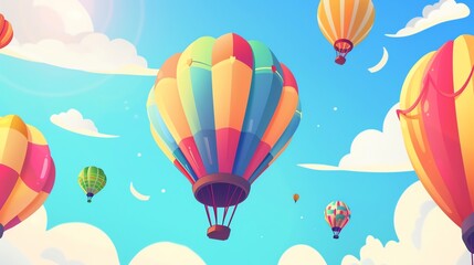 Obraz premium Colorful hot air balloons float in a blue sky with white clouds, cartoon illustration.