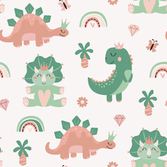 Princess Dinosaurs seamless pattern. Cute dino, palm tree, flower, diamond, butterfly and rainbow vector cartoon.