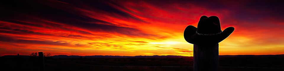 Fototapeta premium Blazing Sunset: Vivid colors streak across the sky as the sun dips below the horizon, casting a warm glow over a cowboy hat on a fence post.