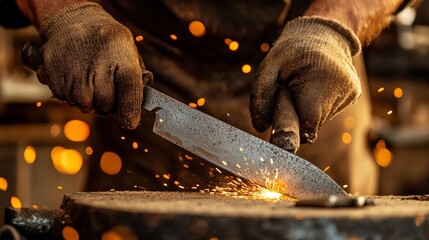 A knife maker sharpening a blade on a grindstone, sparks flying as they hone the edge to perfection.
