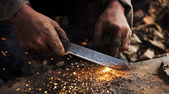A knife maker sharpening a blade on a grindstone, sparks flying as they hone the edge to perfection.