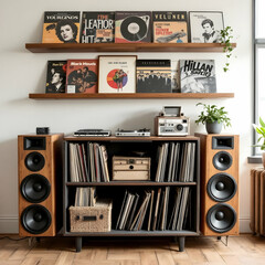 A curated collection of retro vinyl records displayed on a wooden shelf with vintage speakers nearby