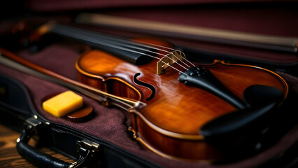 Fototapeta premium A close-up of a violin resting on its case, with a bow and rosin placed neatly beside it.