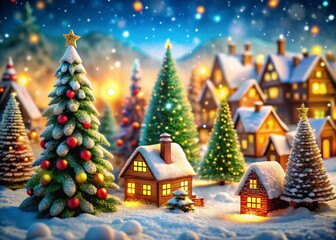 Obraz premium Enchanting Christmas Season Landscape with Hand-Drawn Elements, Celebrating the Festive Spirit in a Whimsical Winter Wonderland of Snowflakes, Trees, and Ornaments